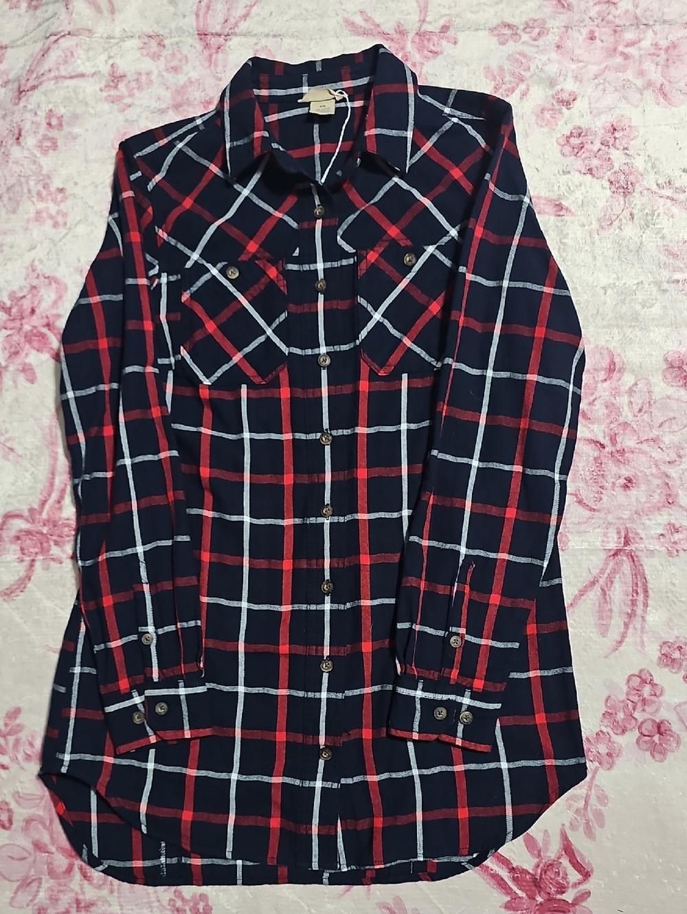 Duluth Trading Co Womens XS Plaid Flannel Shirt Navy Red Cotton Button Down